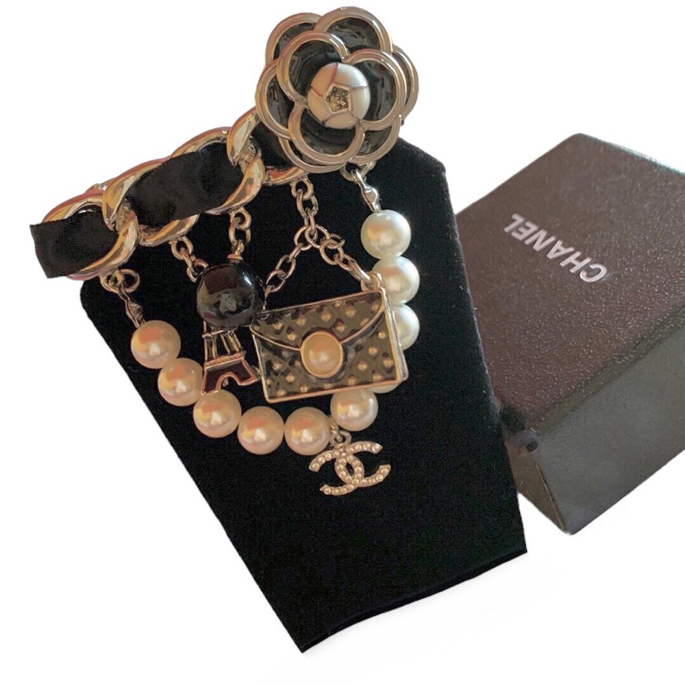 Chanel-Inspired Black & Pearl Camellia Charm Brooch